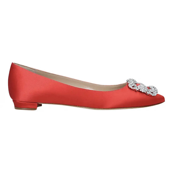 Manolo Blahnik Shoes - Manolo Blahnik Hangisi Red Satin Silver Jewel Buckle Ballerina Ballet Flat 39.5
